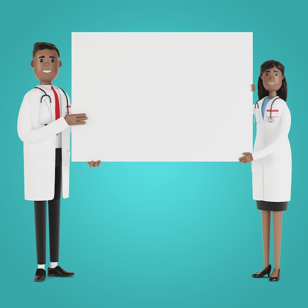 Doctors. Medical specialists man and woman holding blank poster. 3D illustration in cartoon style.