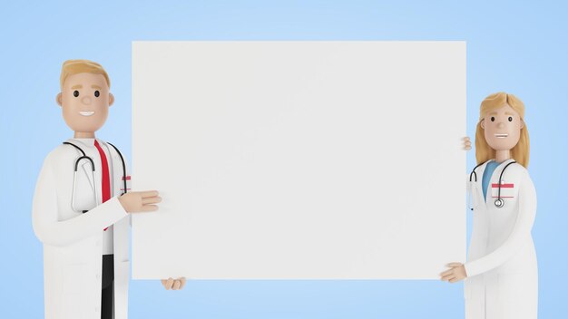 Doctors Medical specialists man and woman holding blank poster 3D illustration in cartoon style