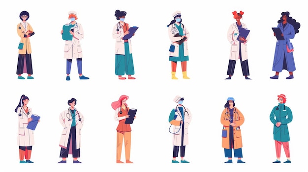Photo doctors nurses hospital medical staff doctor surgeon therapist modern flat set of clinic team people in professional uniform with stethoscopes and clipboards