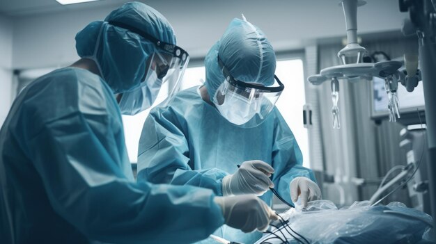 врачи в защитных масках и шапках во время операции