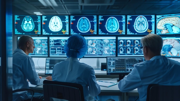 doctors viewing brain scans on computer screen with advanced display technology