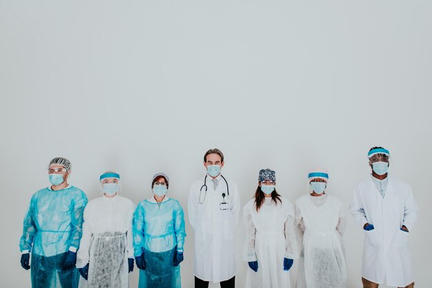 Photo doctors wearing mask standing against white background