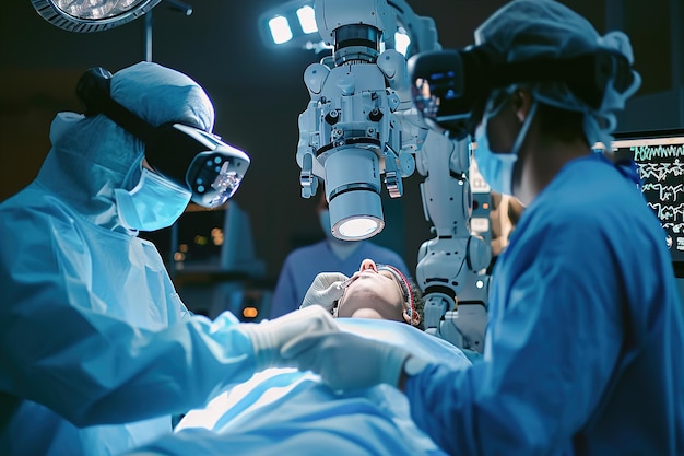 Doctors Working With Robotic Limbs Surgeon Wearing AR Headset And Using HighPrecision Remote Control