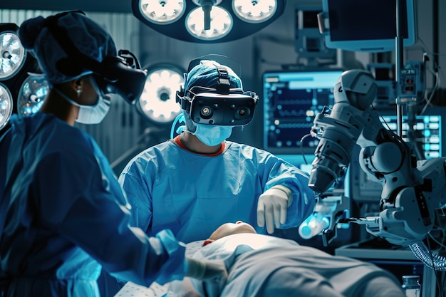 Doctors Working With Robotic Limbs Surgeon Wearing AR Headset And Using HighPrecision Remote Control