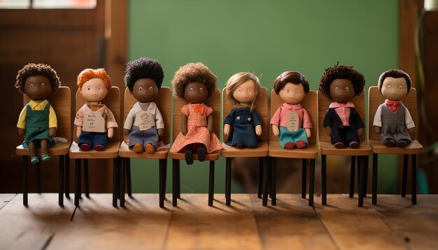 Photo document an array of diverse handmade dolls seated in miniature school chairs facing a tiny chalkbo