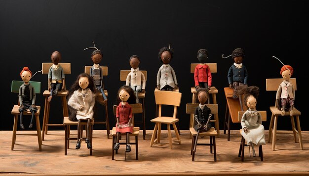 Foto documentare una serie di diverse bambole fatte a mano sedute su sedie scolastiche in miniatura di fronte a un piccolo chalkbo