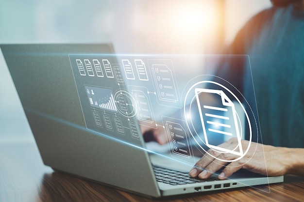 document management concept businessman using computer to document management concept online documentation database and digital file storage system or software records keeping database technology