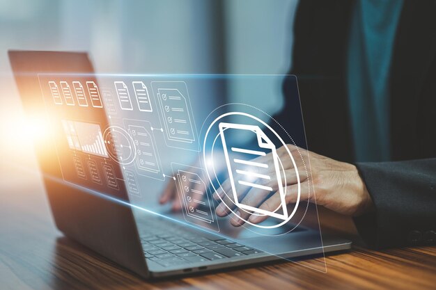 document management concept businessman using computer to document management concept online documentation database and digital file storage system or software records keeping database technology