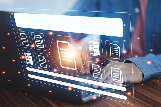document management concept businessman using computer to document management concept online documentation database and digital file storage system or software records keeping database technology