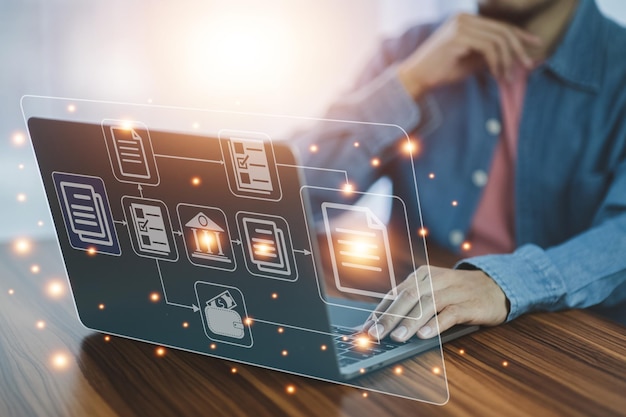 document management concept businessman using computer to document management concept online documentation database and digital file storage system or software records keeping database technology