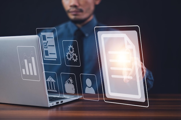 document management concept businessman using computer to document management concept online documentation database and digital file storage system or software records keeping database technology