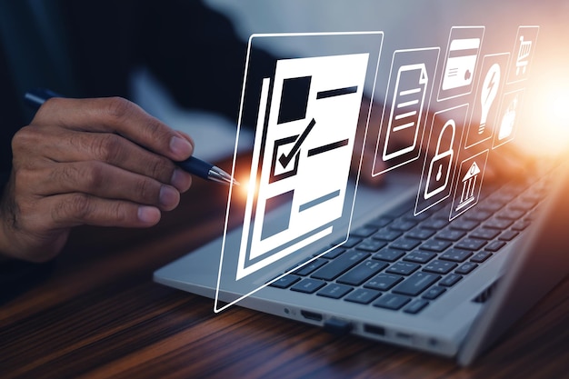 Photo document management concept businessman using computer to document management concept online documentation database and digital file storage system or software records keeping database technology