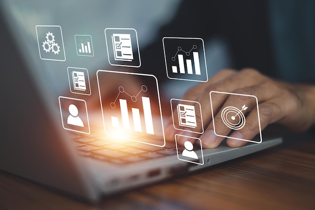 document management concept businessman using computer to document management concept online documentation database and digital file storage system or software records keeping database technology