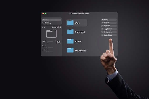 Document management concept. Virtual screen icons Document Management System DMS Online document database, software for efficient archiving, searching and management of company files and data.