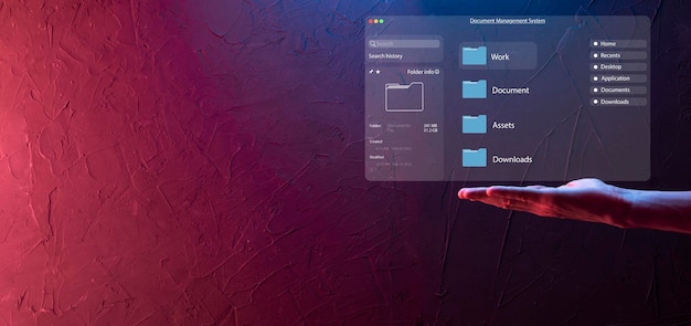 Foto concetto di gestione dei documenti. icone dello schermo virtuale sistema di gestione documentale dms database di documenti online, software per l'archiviazione, la ricerca e la gestione efficiente di file e dati aziendali.