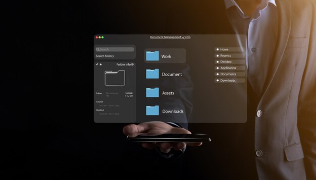 Document management concept Virtual screen icons Document Management System DMS Online document database software for efficient archiving searching and management of company files and data