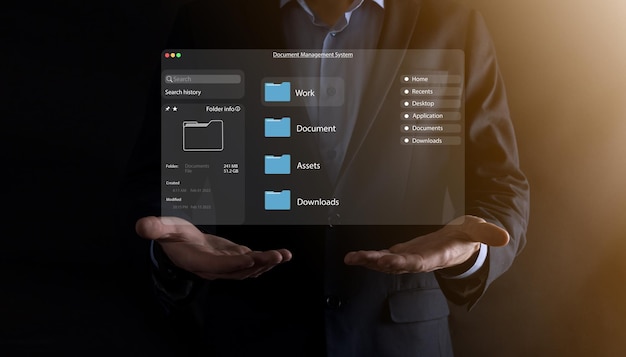 ドキュメント管理の概念仮想画面アイコンドキュメント管理システムDMS会社のファイルとデータの効率的なアーカイブ検索と管理のためのオンラインドキュメントデータベースソフトウェア