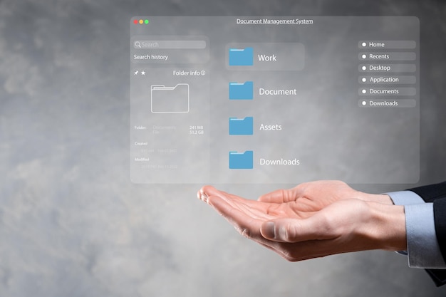 Foto concetto di gestione dei documenti icone dello schermo virtuale sistema di gestione dei documenti dms software di database di documenti online per l'archiviazione efficiente, ricerca e gestione di file e dati aziendali