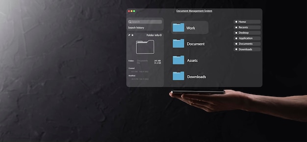Foto concetto di gestione dei documenti icone dello schermo virtuale sistema di gestione dei documenti dms software di database di documenti online per l'archiviazione efficiente, ricerca e gestione di file e dati aziendali