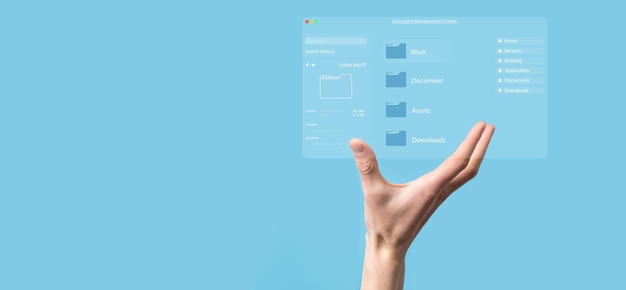 Foto concetto di gestione dei documenti icone dello schermo virtuale sistema di gestione dei documenti dms software di database di documenti online per l'archiviazione efficiente, ricerca e gestione di file e dati aziendali