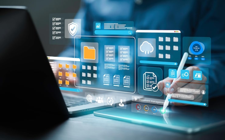 Photo document management digital file information storage of business businessman using a computer to online documentation technology database erp system checklist security file access doc sharing