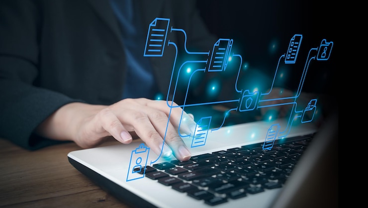 Photo document management and network system paperless workplace idea esigning electronic signature businessman search for documents in online archives storage and technology on digital document dms