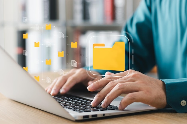 Document management system concept business man holding folder and document icon software searching and managing files online document database for efficient archiving and company data