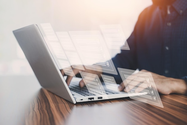 document management system concept business man using computer folder and document icon software searching and managing files online document database for efficient archiving and company data