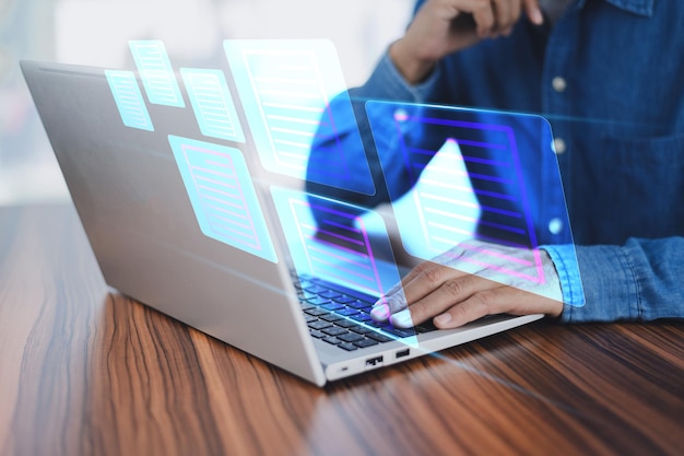 Document management system concept business man using computer folder and document icon software searching and managing files online document database for efficient archiving and company data