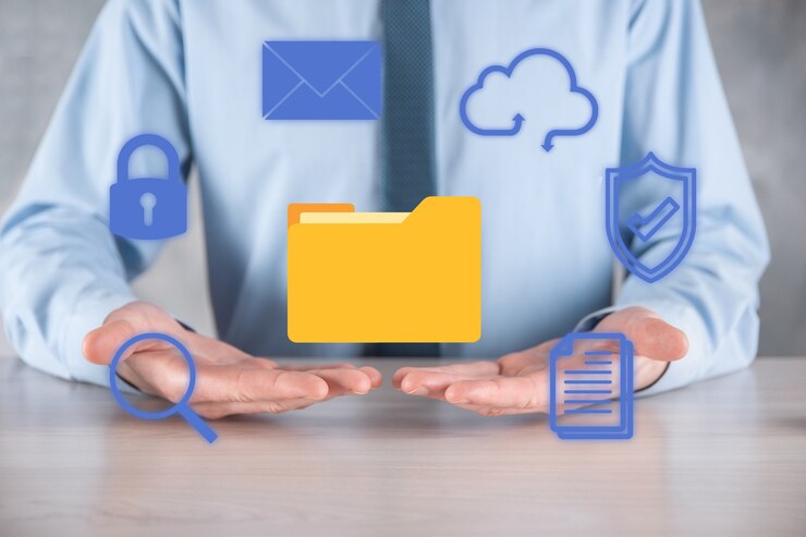 Photo document management system dms .businessman hold folder and document icon.software for archiving, searching and managing corporate files and information.internet technology concept.digital security.