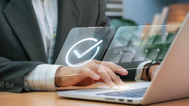 document management system dms concept businessmen checklist managing and access information in online exam standards and document control for company database access