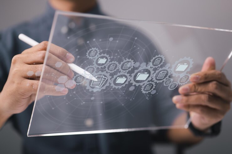Photo document management system, or dms, is a system for searching and managing information and business files. concept of business processing and software for archiving.