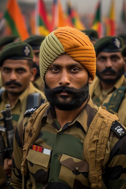 Foto documentare l'orgoglio e l'emozione sui volti dei soldati indiani generati dall'intelligenza artificiale