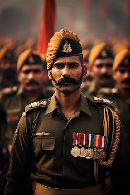 Photo document the pride and emotion on the faces of indian soldiers generated by artificial intelligence