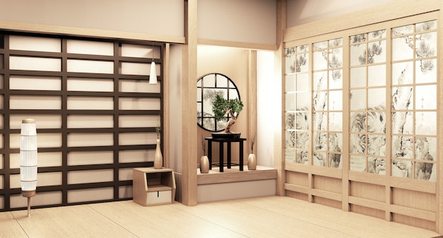 Document venster houten ontwerp op Leeg ruimtewit op houten vloer Japans binnenlands ontwerp het 3D teruggeven