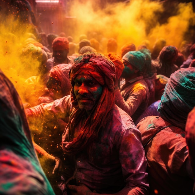 Photo document the vibrant burst of colors as people engage in the joyous tradition of throwing colored powders during a holi celebration