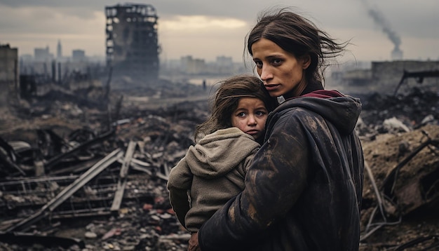 Documentary photography mother holding child on her arms with tears in her eyes and another child