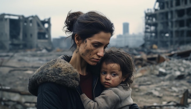 Foto fotografia documentaria madre che tiene il bambino in braccio con le lacrime agli occhi e un altro bambino