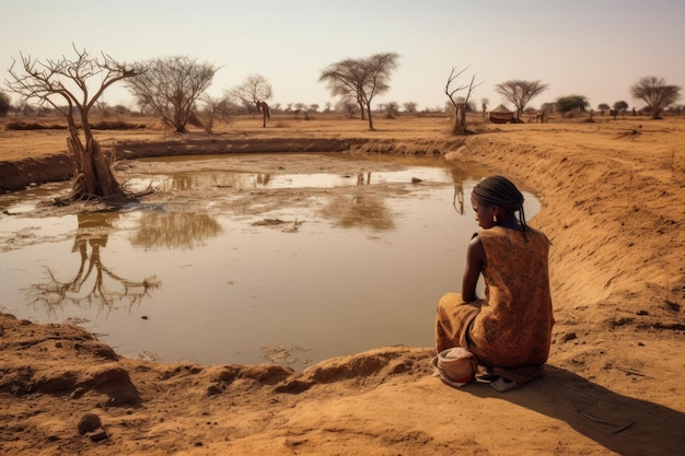 Foto fotografia documentaria di una ragazzina in africa che fissa attentamente un pozzo quasi asciutto