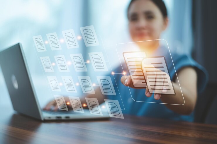 Documentbeheerconcept met pictogrammen op virtueel scherm ERP-documentbeheersysteem documentenbeheer op cloudtechnologie
