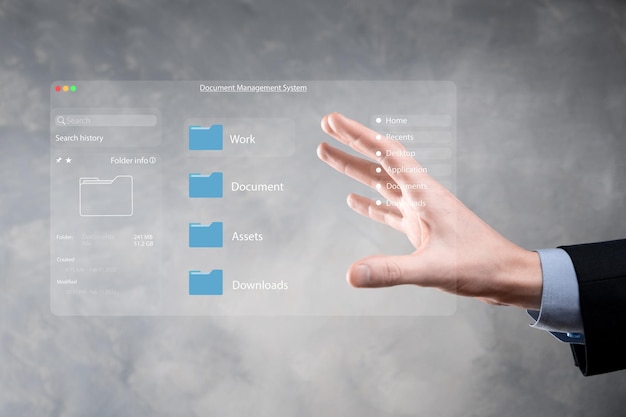 Documentbeheerconcept Virtuele schermpictogrammen Documentbeheersysteem DMS Online documentdatabasesoftware voor efficiënt archiveren, zoeken en beheren van bedrijfsbestanden en -gegevens