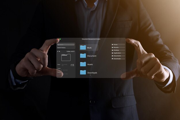 Documentbeheerconcept Virtuele schermpictogrammen Documentbeheersysteem DMS Online documentdatabasesoftware voor efficiënt archiveren, zoeken en beheren van bedrijfsbestanden en -gegevens