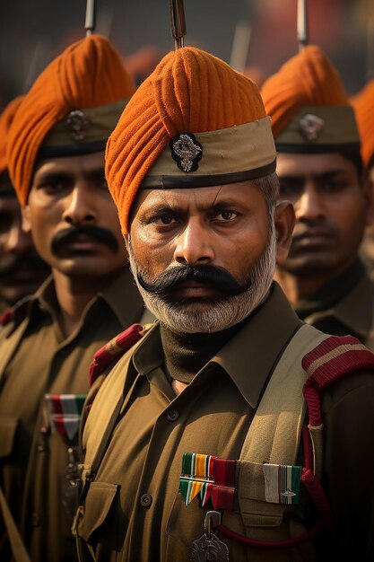 Foto documenteer de trots en emotie op de gezichten van indiase soldaten gegenereerd door kunstmatige intelligentie