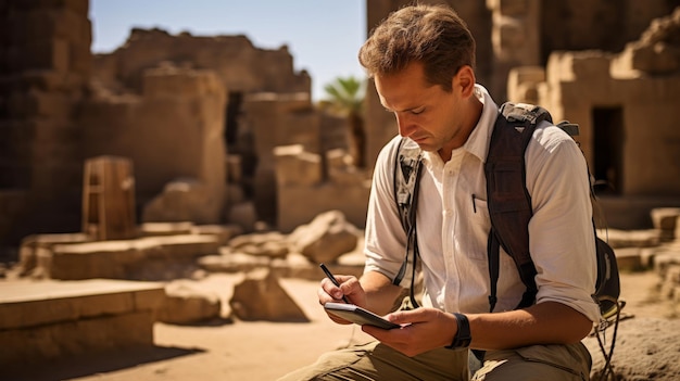 Documenting ancient civilization geographer with compass ruins rich in history