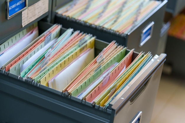 Documents achieves paper files for searching information on work desk home office