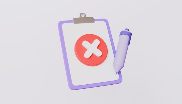 documents canceled and clipboard with check mark and cross mark 3d rendering illustration
