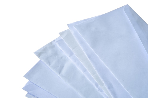 Documents and envelopes stacked on white background