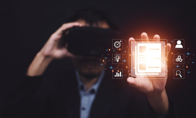 documents management information system concept businessman using visual screen internet for documents management information system and erp program data directory in company erp document management