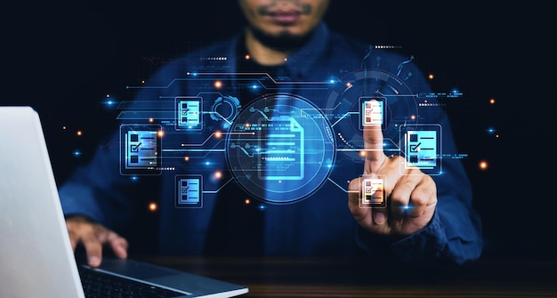 documents management information system concept businessman using visual screen internet for documents management information system and erp program data directory in company erp document management
