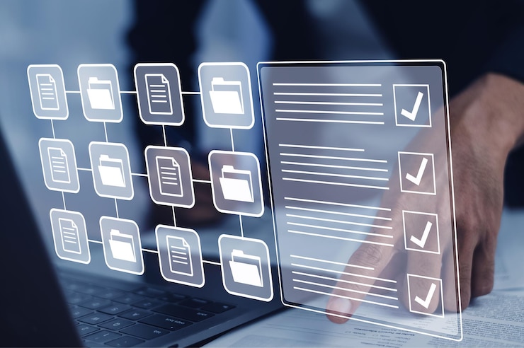 Photo documents management information system concept businessman using visual screen internet for documents management information system and erp program data directory in company erp document